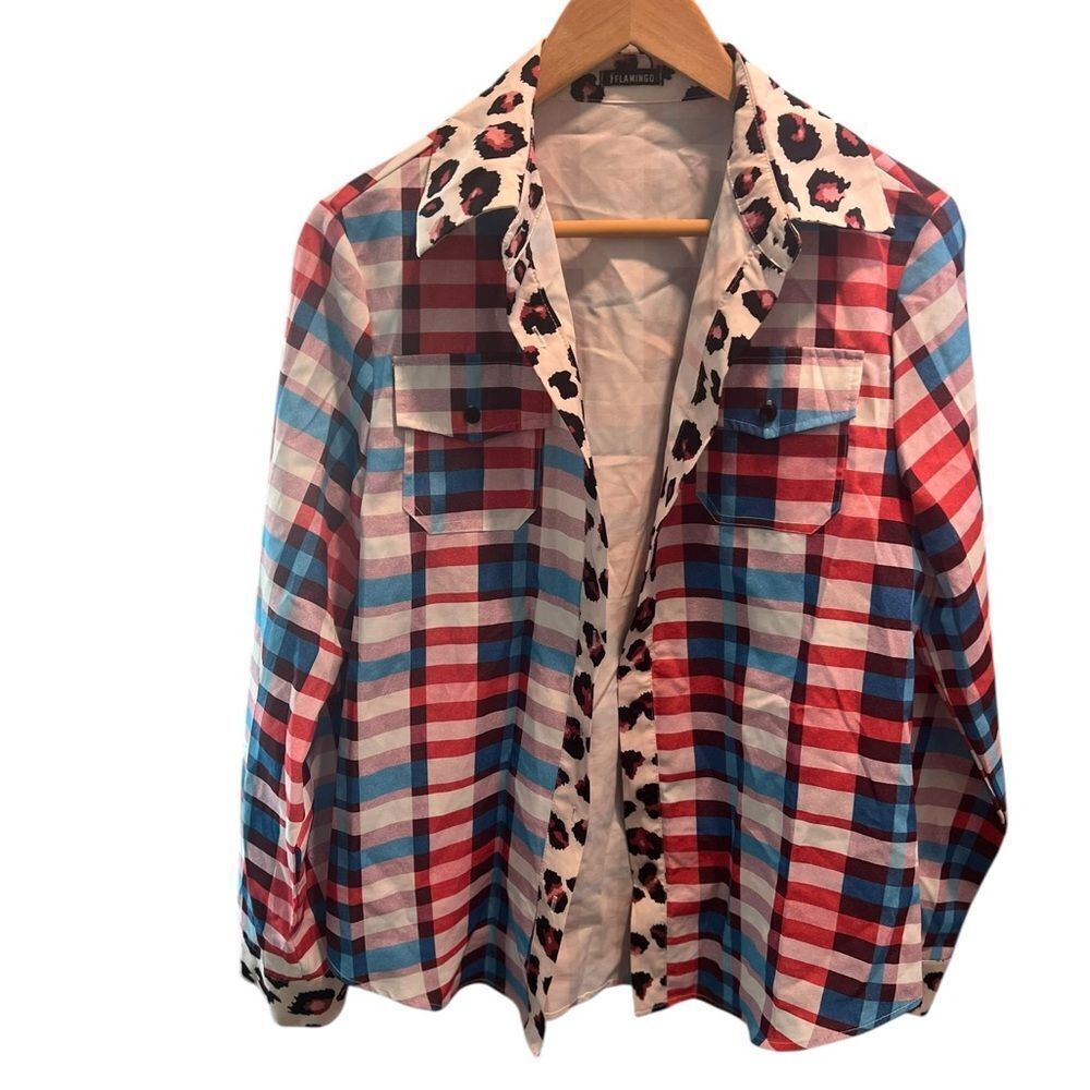 Flamingo Women’s Plaid Button-Up Shirt Red Blue Check with Leopard Print Trim M